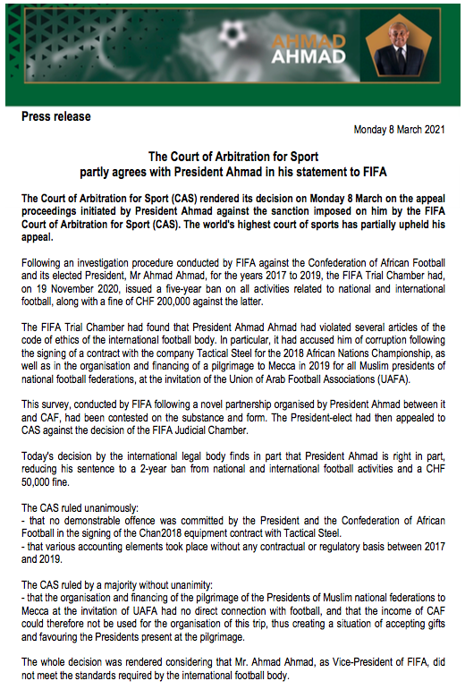 AAhmad_CAF's tweet photo. Following the CAS decision opposing @CAF_Online 
 to #FIFA. I will continue to be a keen supporter and observer of #football, the passion of my life. #Africa ⚽️ https://t.co/nNc4y6IYLV