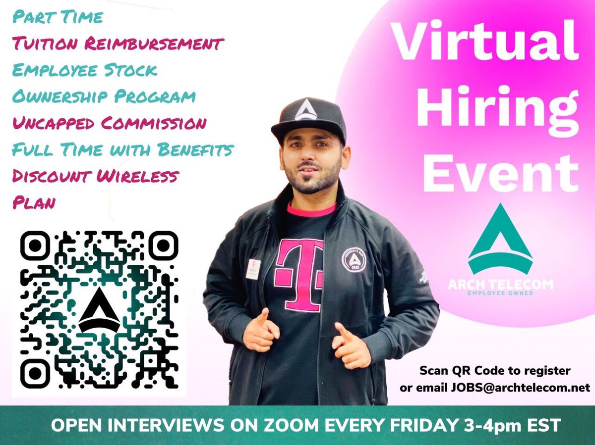 Please join us for a guaranteed interview at our VIRTUAL HIRING EVENT to discuss several open positions within our company, including entry level retail sales and management.

- Register with QR code or
- Email resume JOBS@archtelecom.net or
- Apply online archtelecom.net