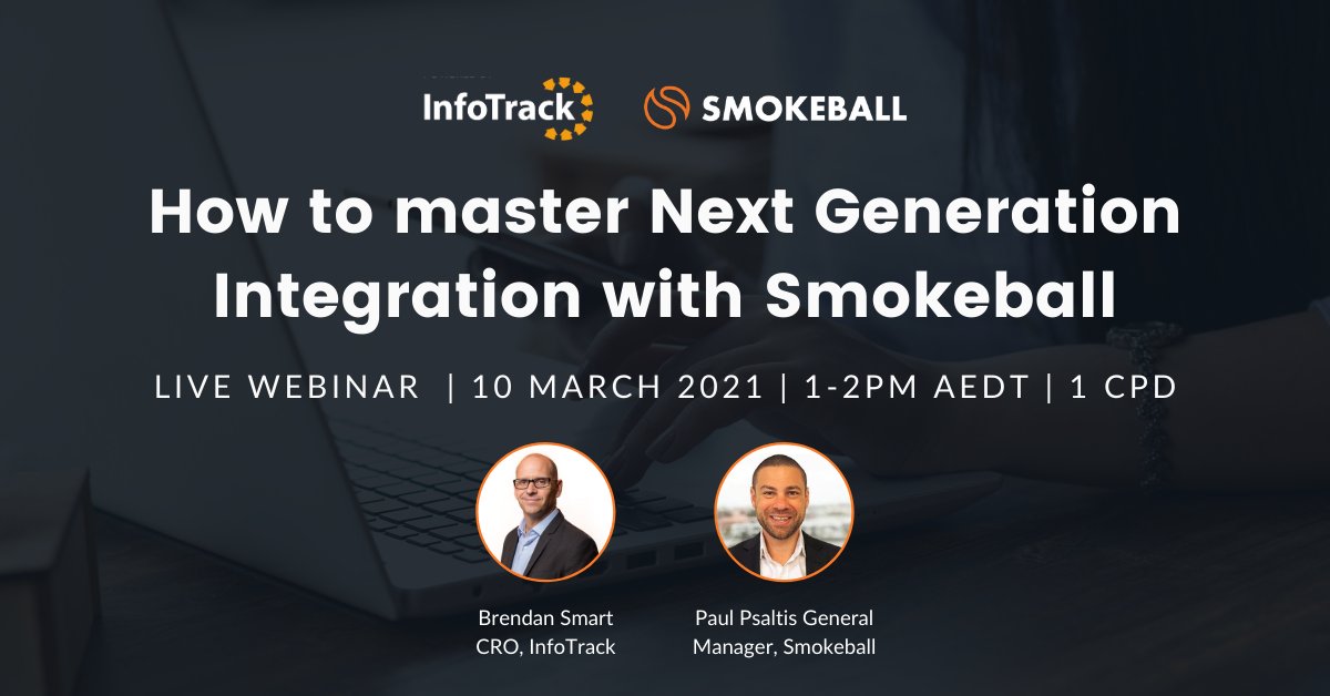 Smokeball_AU's tweet image. There&apos;s still time to register! Join Smokeball and @InfoTrack_AUS on your lunch break tomorrow for a #cpdaccredited masterclass as we showcase the latest #integrationtechnology.

Register now: bit.ly/3r0yow0