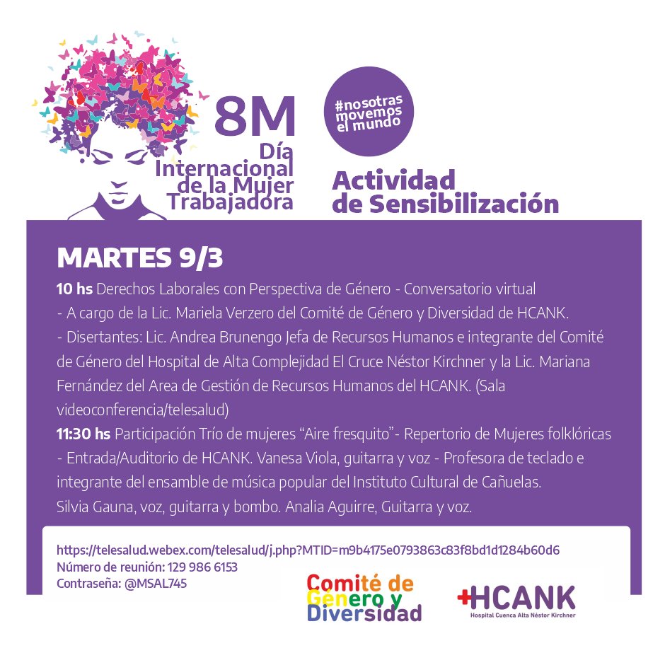 Mañana comenzamos con el ciclo de conversatorios y actividades de sensibilización por la Semana de las Mujeres Trabajadoras.

Link de Telesalud: 
telesalud.webex.com/webappng/sites…
Número de reunión: 129 986 6153
Contraseña: @MSAL745