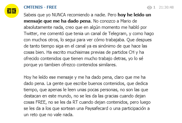 cmtenisinfo's tweet photo. Me ha dado pena leer ese mensaje. Sabeis que yo nunca recomiendo a nadie, pero reconozco el trabajo, y lo recomiendo. Y es una pena que este mundo cada vez tenga mas estafadores y la gente que ofrece buenos contenidos decida abandonar tras años currandoselo. Ánimo @Mario_bets_. https://t.co/8IIoLrDt47
