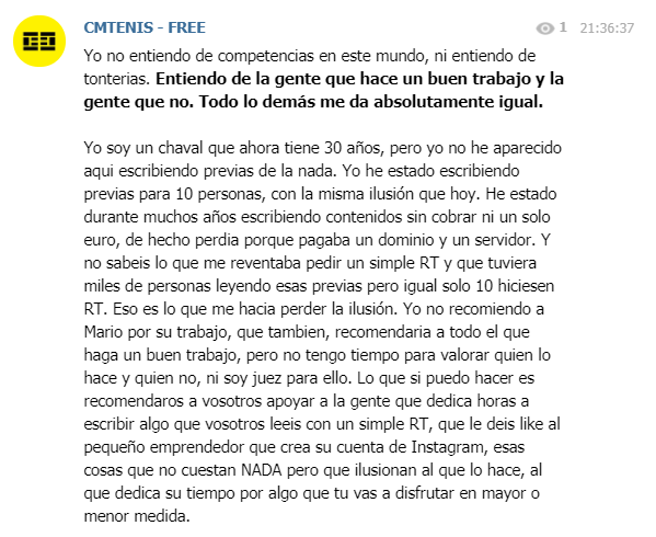 cmtenisinfo's tweet photo. Me ha dado pena leer ese mensaje. Sabeis que yo nunca recomiendo a nadie, pero reconozco el trabajo, y lo recomiendo. Y es una pena que este mundo cada vez tenga mas estafadores y la gente que ofrece buenos contenidos decida abandonar tras años currandoselo. Ánimo @Mario_bets_. https://t.co/8IIoLrDt47