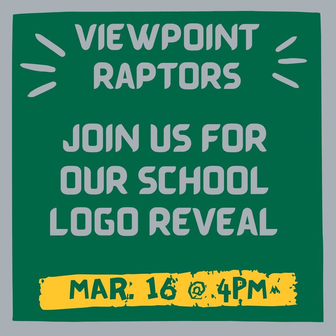 We're excited to announce that we will be revealing our school logo on Tuesday, March 16th @ 4PM. Tell your friends and neighbors. #viewpointraptors #VMSRaptors #raptorstrong #viewpointmiddleschool #alpineschools #skyridgefalcons