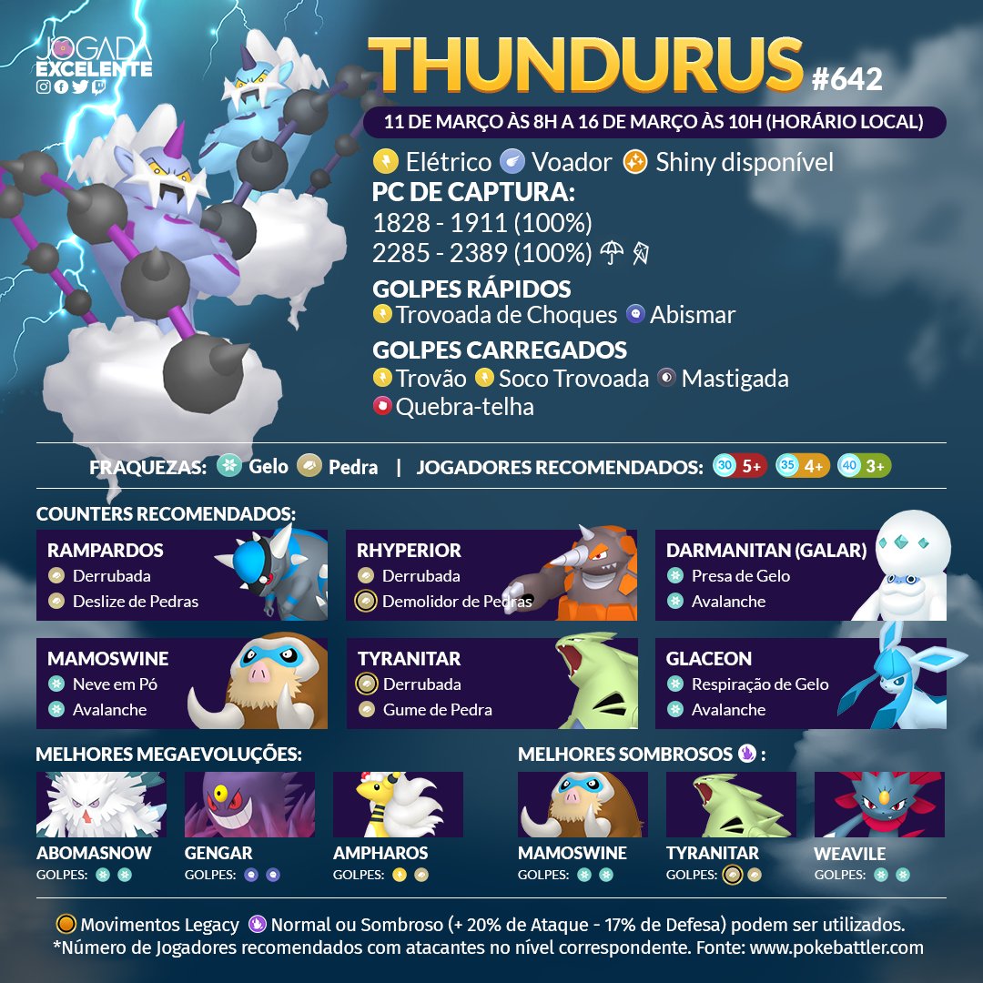 Jogada Excelente - Tornadus Therian fará sua estreia no Pokémon GO como  Chefe de Reides 5 Estrelas. Confira quais são os counters recomendados e se  prepare! ⠀ Data: 30/03 às 10h a