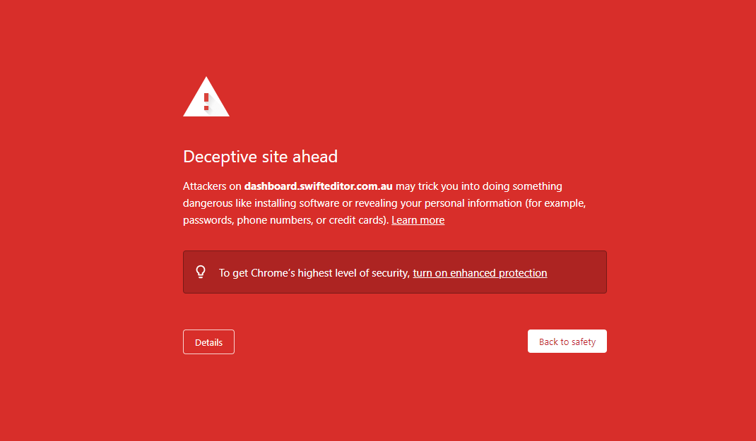 swiftpro's tweet photo. Deceptive site ahead Message

Some Google Chrome users may see the red warning message below. 

We have already taken steps to have this warning message removed by Google. 

Read more on it here https://t.co/syEoLTShYQ https://t.co/nod2GsxlfH