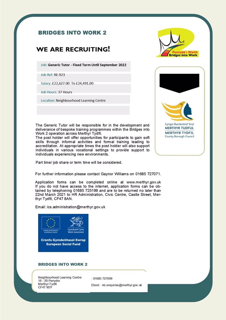 BridgesMerthyr's tweet photo. An exciting chance to join our team of tutors! Full time, part time or term time available for the right person. Get in touch for more information on 01685 727099
@acorn_jobs @bluearrowgroup @JCPinSEWales @MtcbcSam @CllrChrisDavies @CllrRoberts @WellbeinMerthyr @MerthyrVH https://t.co/NmwyUK9yec