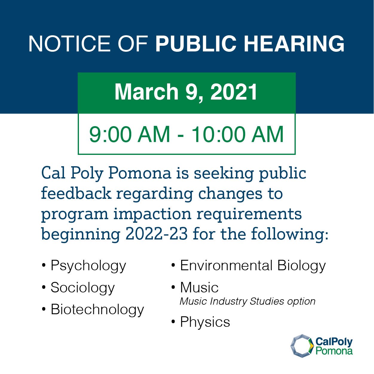 Cal Poly Schedule 2022 23 Cal Poly Pomona, Office Of Admissions On Twitter: "Cal Poly Pomona Is  Seeking Public Feedback On Program Impaction Requirements For 2022-23. The  Third And Final Hearing Is Tomorrow From 9:00Am - 10:00Am.