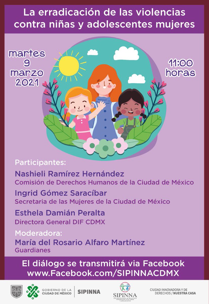 No te pierdas el día de mañana el encuentro virtual “La erradicación de la violencia contra niñas y adolescentes mujeres”, con la participación de <a href="/NashieliRamirez/">Nashieli Ramirez</a> Presidenta de la <a href="/CDHCMX/">CDHCM</a>, <a href="/GomezSaracibar/">Ingrid</a> <a href="/SeMujeresCDMX/">Secretaría de las Mujeres</a> <a href="/esthela_damian/">Esthela Damián</a> <a href="/DIFCDMX/">DIF Ciudad de México</a> y María del Rosario Alfaro.