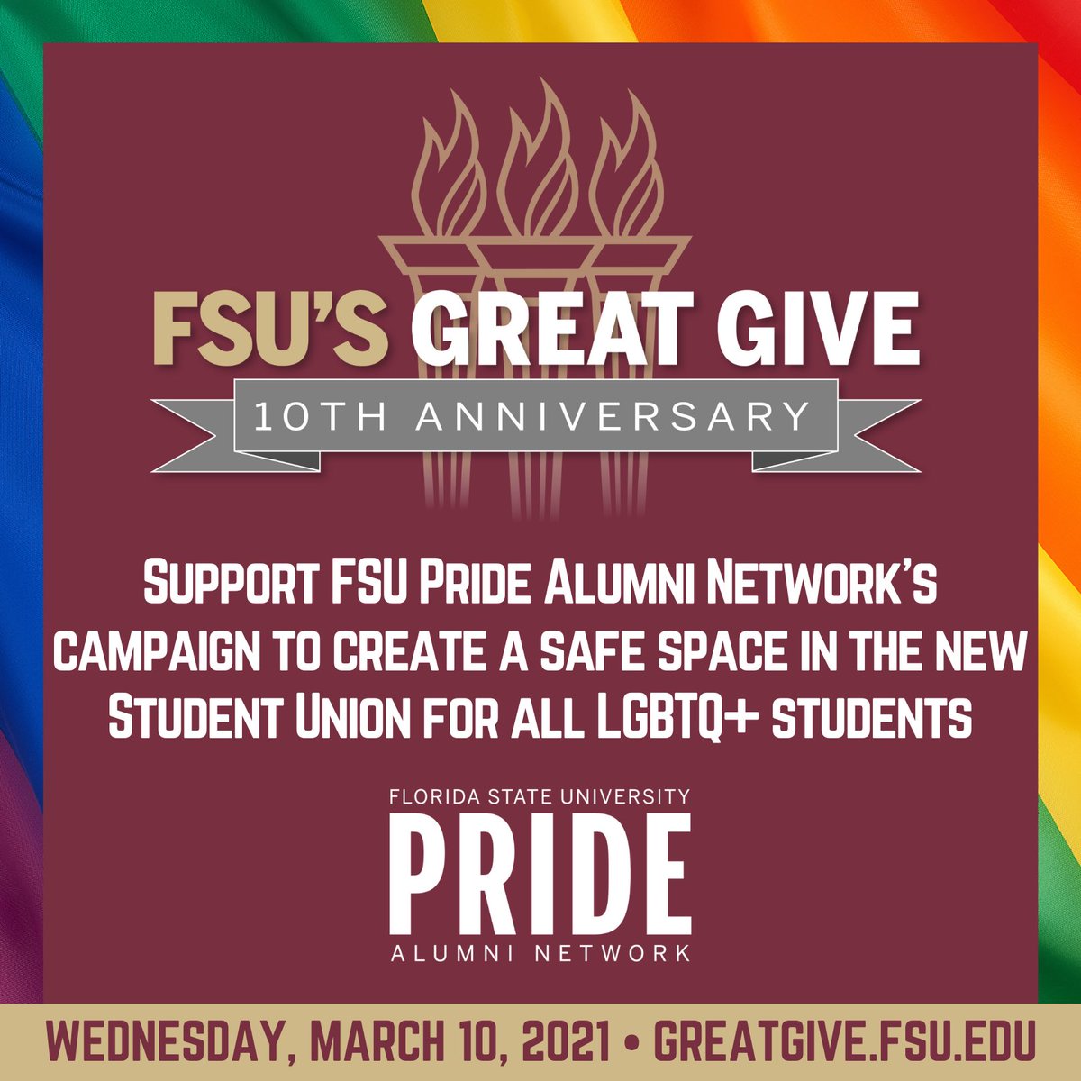 The <a href="/FSUGreatGive/">FSUGreatGive</a> is nearly here! We’re fundraising to provide direct support to <a href="/PrideFSU/">FSU Pride Student Union</a> and establish a permanent named space for LGBTQ+ students &amp; alum in the new student Union!