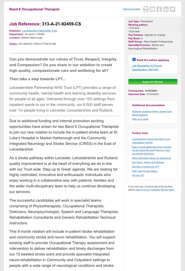 PaulaOtter1's tweet photo. Exciting new Band 6 Occupational Therapy stroke/neuro rotation in Leicestershire ⁦@LptLukes⁩ ⁦@LPT__CINSS⁩ ⬇️⬇️⬇️ https://t.co/IG4ETuNqLb https://t.co/f3Bc9xLV1h