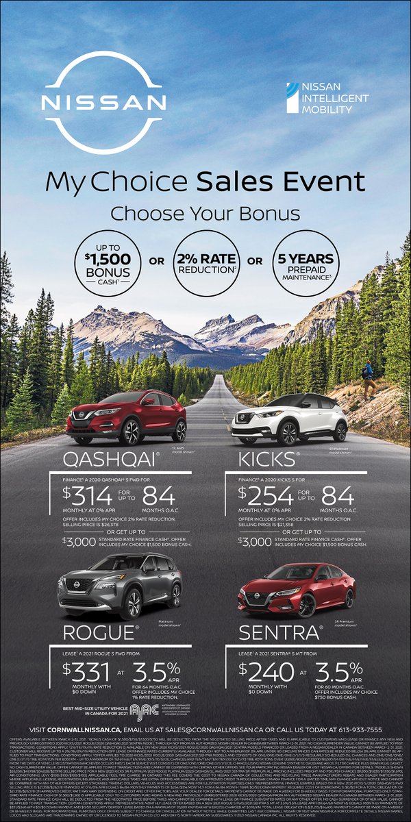 CornwallNissan (@cornwallnissan) on Twitter photo CORNWALL #NISSAN #๐๐ฒ๐๐ก๐จ๐ข๐๐ ๐๐๐ฅ๐๐ฌ ๐๐ฏ๐๐ง๐ญ #ChooseYourBonus Up to $1,500 Bonus cash* ๐๐ Up to 2% Rate Red on sel models* ๐๐ 5 Yrs of Pre-paid Maint* #QASHQAIยฎ #KICKSยฎ #ROGUEยฎ
#SENTRAยฎ March 2 - 31st, 2021 See Cornwall Nissan for details ibit.ly/BzNL CORNWALL #NISSAN #๐๐ฒ๐๐ก๐จ๐ข๐๐ ๐๐๐ฅ๐๐ฌ ๐๐ฏ๐๐ง๐ญ #ChooseYourBonus Up to $1,500 Bonus cash* ๐๐ Up to 2% Rate Red on sel models* ๐๐ 5 Yrs of Pre-paid Maint* #QASHQAIยฎ #KICKSยฎ #ROGUEยฎ
#SENTRAยฎ March 2 - 31st, 2021 See Cornwall Nissan for details ibit.ly/BzNL