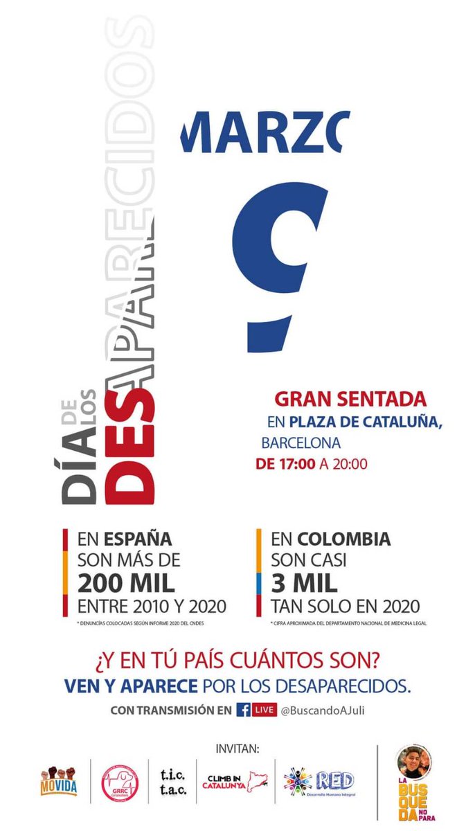 MoVidaCol's tweet photo. #Barcelona se mueve por #Colombia
🇨🇴🇪🇸
Los invitamos a ver el resumen #SalvArte y los invitamos mañana a la conmemoración del día de los desaparecidos donde se hará una gran convocatoria en pro de la búsqueda de Julian, colombiano desaparecido en España.
https://t.co/DYJxMnOTOT https://t.co/JJsWyl4LX7
