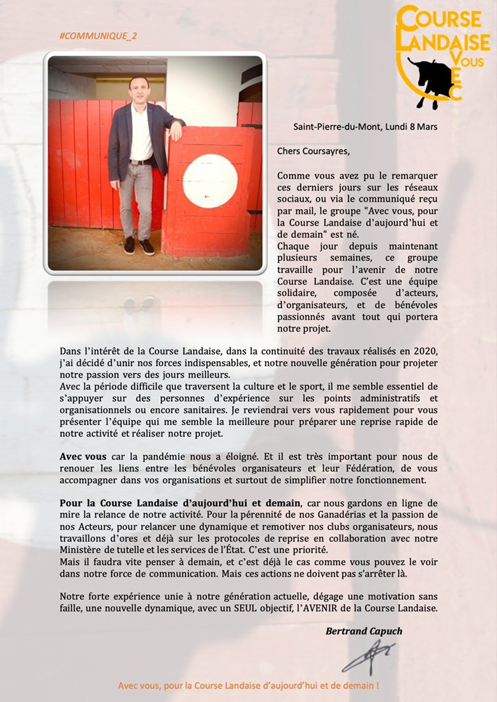 #COMMUNIQUE_2  <a href="/AvecCourse/">Course Landaise Avec Vous</a> 
Les mots de <a href="/BERTRANDCAPUCH/">BERTRAND CAPUCH</a> !

Unir l’expérience à la nouvelle Génération pour l’avenir de la Course Landaise. <a href="/sudouest/">Sud Ouest</a> @Bleu_Gascogne <a href="/Pickwicq/">Pickwicq (JCD)</a> <a href="/TorerosLandais/">Association Acteurs Course Landaise</a> <a href="/UnionPontoise/">Union Pontoise CL</a> @France2tv @France3tv