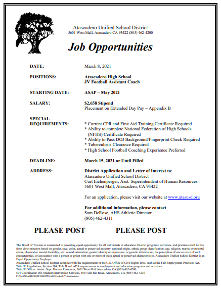 atasusd's tweet photo. Coaching job opportunities! https://t.co/uKJfRUmqDL