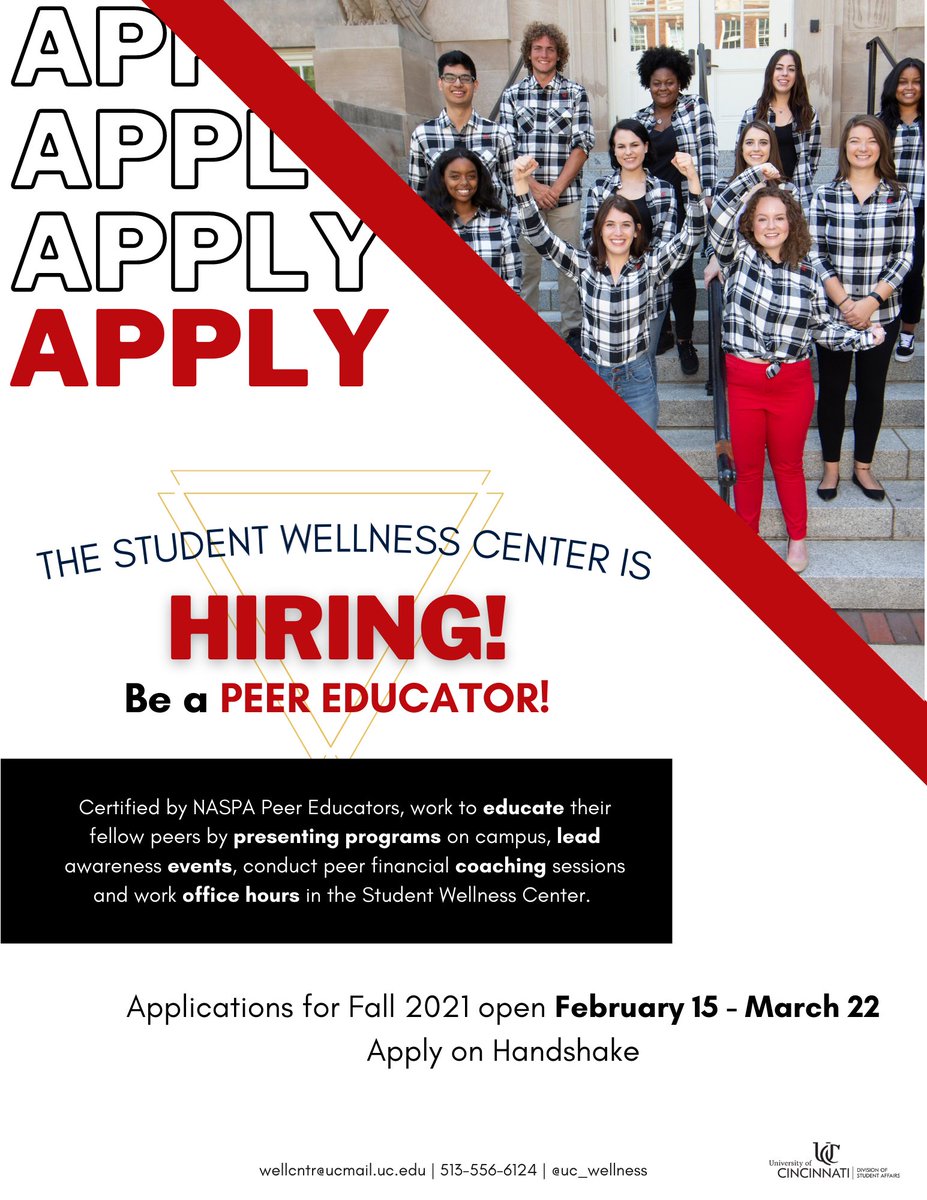 UC_Wellness's tweet photo. Share this flyer with a friend who needs a job! The Peer Educator position is 5+ hours a week and works around class schedules. https://t.co/LMAaFBRrwe