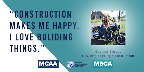 MCAANews's tweet photo. Heather Shreve, U.S. Engineering Construction, CO enjoyed working with her hands as a kid and knew she wanted to choose career in the construction trade. In celebration of Women in Construction Week, MCAA is spotlighting women in our industry all week! #WICWeek #MoveOverBob https://t.co/r4KhIPRmhE