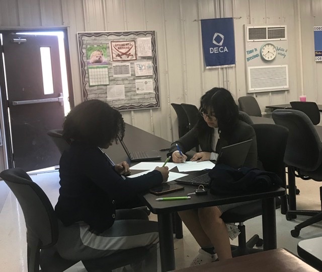 springhilldeca's tweet image. Kamyah and Rubi working hard on their role play for DECA STATE competition!!    Good luck ladies