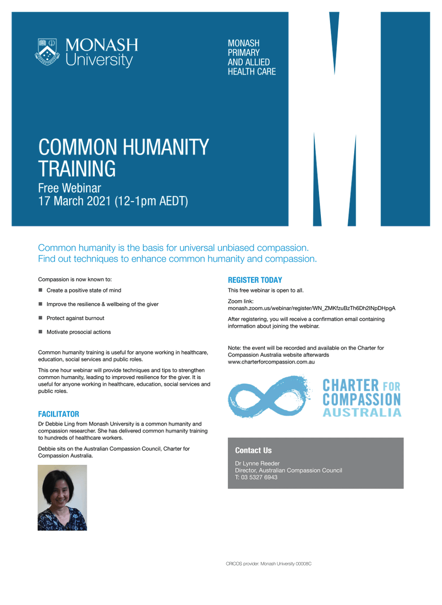 Monash_SocialWk's tweet photo. Free Common Humanity webinar being run by Monash Social Work's Debbie Ling. Sign up while there is still space! https://t.co/syKUdqPA3W