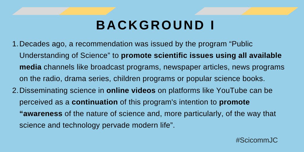 scicomm_jc's tweet photo. For starters, lets establish some background info.
A long standing recommendation by the #PublicUnderstandingOfScience stimulates the production and sharing on various medias of science content. This extends also to online platforms like @YouTube. #scicommjc https://t.co/OdJsAMxS4G