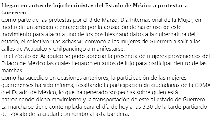QuorumNoticias's tweet photo. 𝐋𝐥𝐞𝐠𝐚𝐧 𝐞𝐧 𝐚𝐮𝐭𝐨𝐬 𝐝𝐞 𝐥𝐮𝐣𝐨 𝐟𝐞𝐦𝐢𝐧𝐢𝐬𝐭𝐚𝐬 𝐝𝐞𝐥 𝐄𝐬𝐭𝐚𝐝𝐨 𝐝𝐞 𝐌𝐞́𝐱𝐢𝐜𝐨 𝐚 𝐩𝐫𝐨𝐭𝐞𝐬𝐭𝐚𝐫 𝐚 #𝐆𝐮𝐞𝐫𝐫𝐞𝐫𝐨. #8M2021 #Diadelamujer https://t.co/MOBfOJmzsS