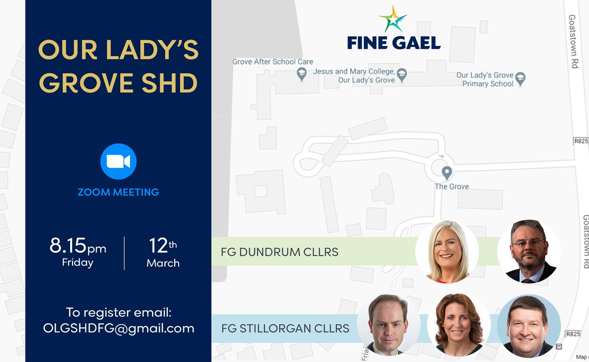 1st public zoom meeting with your <a href="/FineGael/">Fine Gael</a> representatives. Join us to discuss
➡️ Our Lady's Grove SHD 

On
➡️ Friday, 12th March at 8.15pm

To register:
➡️ Email: olgshdfg@gmail.com

📢 Our next public zoom meeting will be discussing The Goat SHD...details to follow soon.