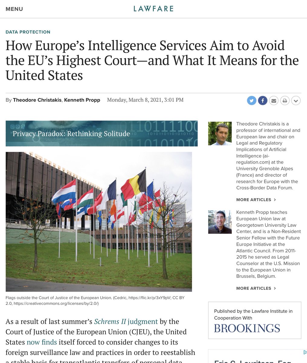 Some EU🇪🇺States are so uncomfortable wth the evolution of CJEU jurisprudence on surveillance that they decided to do something radical about it. The USA🇺🇸, by contrast, can make no comparable Houdini-like escape from the #SchremsII judgment
Read our <a href="/lawfareblog/">Lawfare</a> article
👇