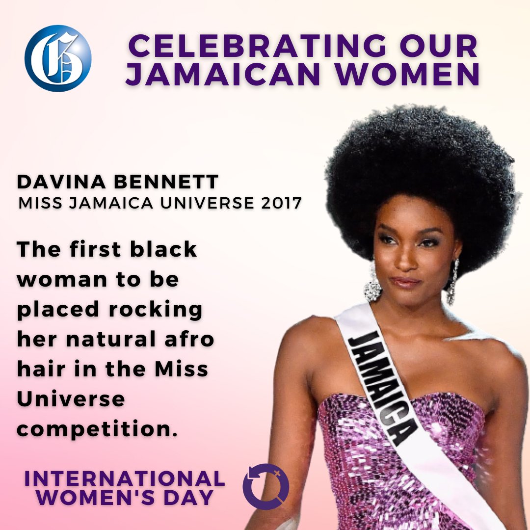 <a href="/realshellyannfp/">ShellyAnnFraserPryce</a> <a href="/PSimpsonMiller/">Portia SimpsonMiller</a> <a href="/JamaicaPNP/">PNP Jamaica</a> <a href="/originalkoffee/">Original Koffee</a> As we celebrate the achievements of our Jamaican women on #InternationalWomensDay, we recognise beauty Queen <a href="/Davina_Bennett_/">Davina Bennett</a> who wore her hair in an Afro for Miss Universe 2017, sparking well-needed conversations about representation. #ChooseToChallange #IWD2021