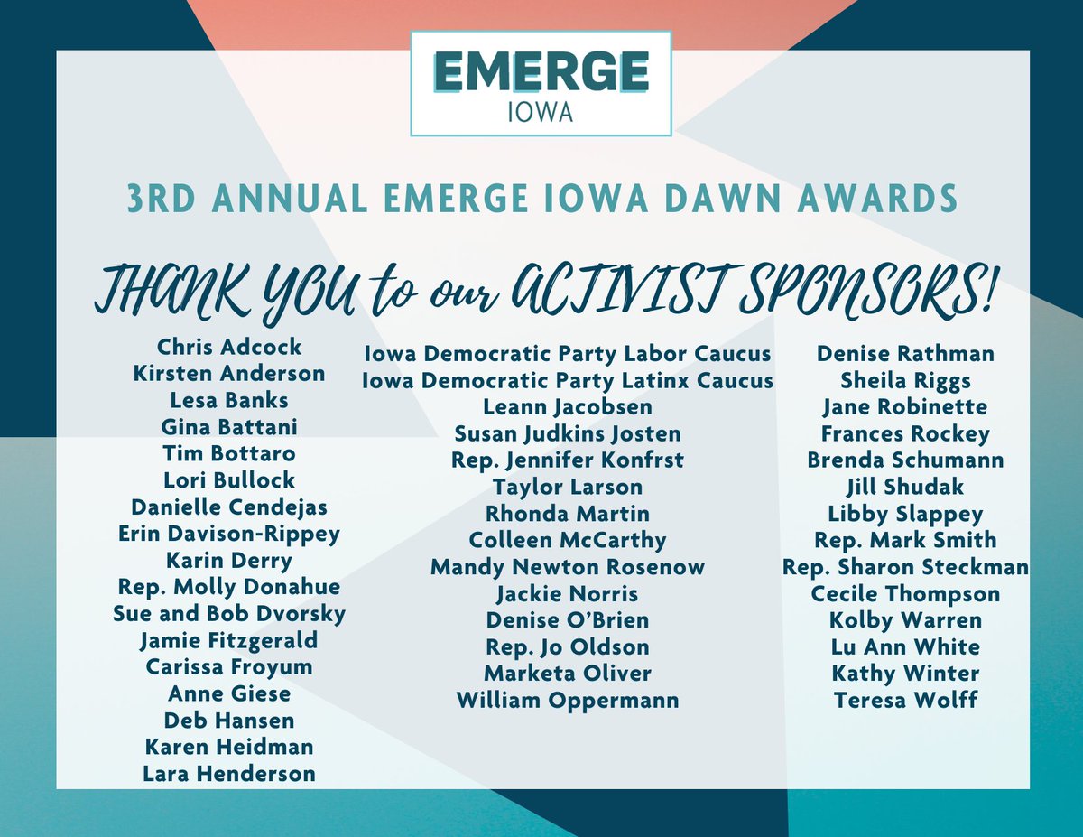 EmergeIowa's tweet photo. Thank you to our Activist Sponsors for supporting our mission! It’s people like you who allow us to recruit, train, and provide a powerful network to Democratic women who want to run for office and win.
#EmergeIowaDAWNAwards2021 #EmergeTeam #ActivistSponsors https://t.co/ObDFmCP3G8