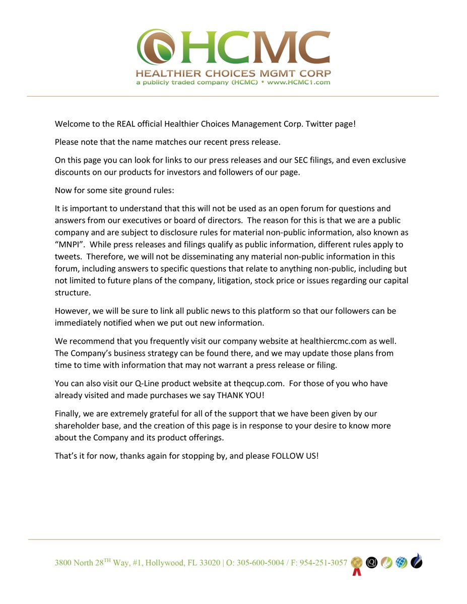 healthiercmc's tweet image. CEO Jeff Holman here. Hi and Welcome to HCMC's REAL Twitter page! Check out our welcome message below for ground rules. A big THANK YOU to our loyal shareholders. This page is in response to you wanting to know more about HCMC and product offerings. Please FOLLOW US! Best, Jeff
