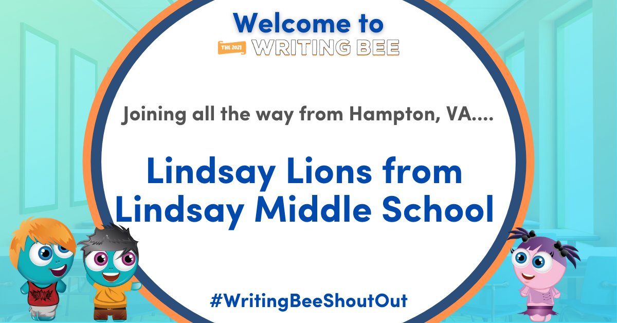 boomtasticusa's tweet photo. Welcome to the phenomenal writers at Lindsay Middle School from Hampton, VA to the 2021 #Boomwriter Writing Bee! If you would like to sign up your class for our FREE #WritingBee, please visit: https://t.co/5IiEJ59EAv #HamptonVA #Hampton #Virginia #WritingBeeShoutOut https://t.co/EHU6nlwyXO