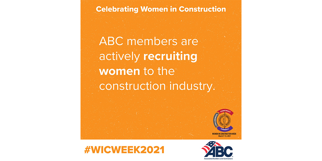 ABC, its chapters and members are actively recruiting more women to the construction industry. ABC is celebrating Women in Construction Week 2021 by recognizing the women who already embarked on a career in construction. Share your story by using the hashtag #WICWeek2021