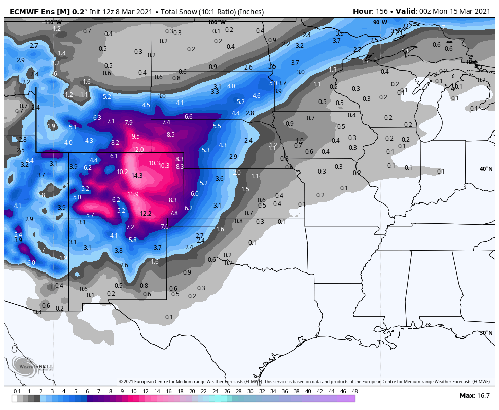 Thread... Here is a look at snow potential from the ECMWF model ensemble mean...Fri-Sun. Why use it? Because it is the mean/average of all the various members within the model. It's a much more measured &amp; accurate approach than just using the single deterministic member #cowx