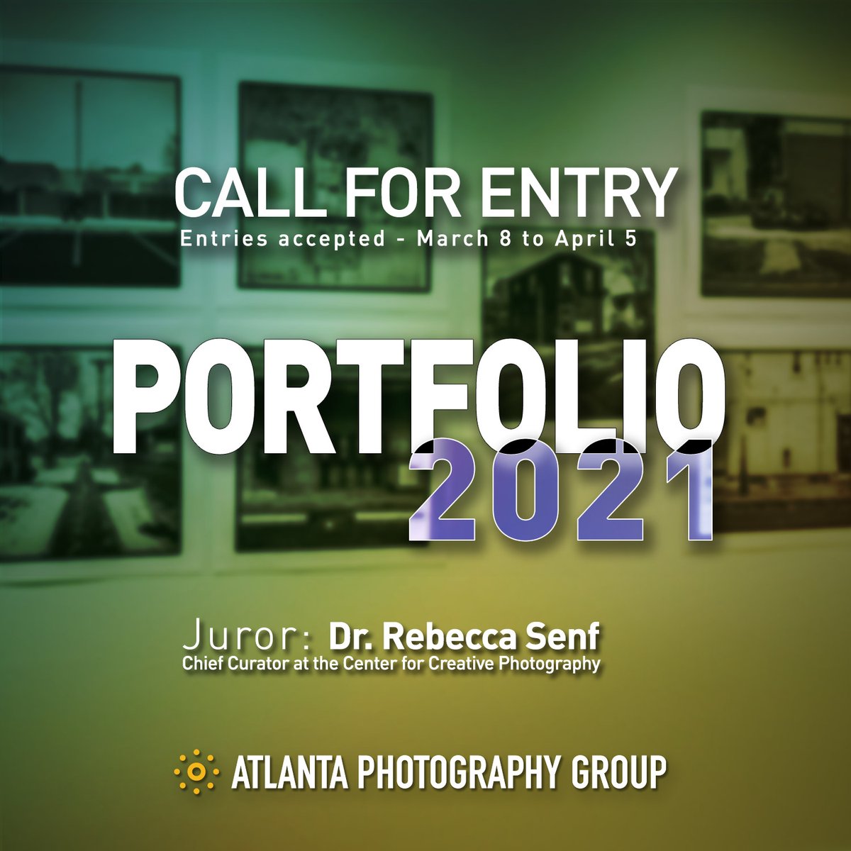 Call for Entries - PORTFOLIO 2021
March 8 - April 5

Juror: Dr. Rebecca Senf
Museum Purchase Award - $2500

ow.ly/lyd950DTwJk

#apggallery #photography #callforentries #callforartists #photographyentry #fineartphotography #exhibition #photogallery <a href="/AtlantaOCA/">Atlanta Office of Cultural Affairs</a> <a href="/FULTONARTS/">Blast Foundation‎ ‎ ‎ ‎ ‎ ‎</a>