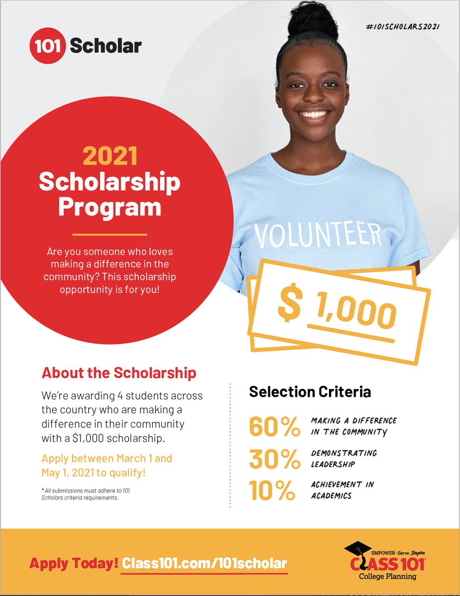 Are you a student who makes a difference in the world through volunteering or a service project? 

If so, the 101 Scholar Program is perfect for you! Apply here📍class101.com/101scholar/ between March 1 - May 1, 2021, for a chance to be awarded $1,000 🏆