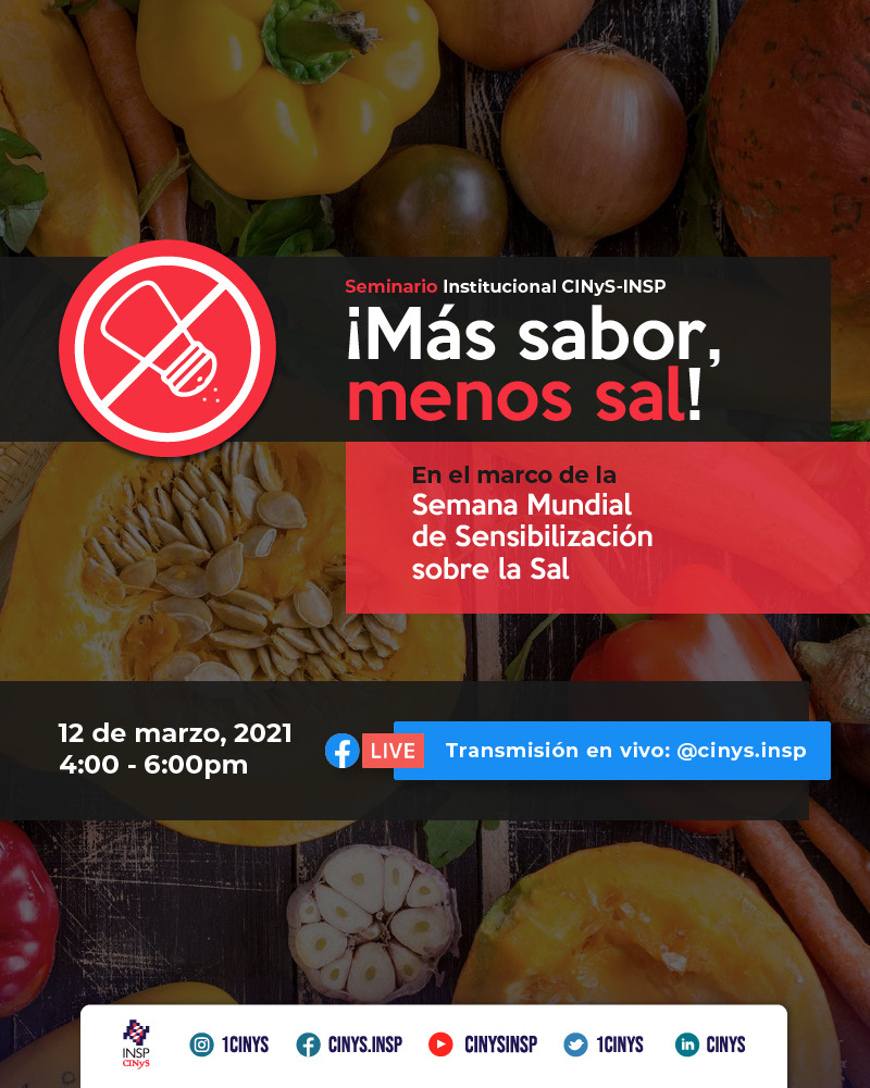 1CINyS's tweet photo. ¡APARTA LA FECHA!
Seminario institucional @1CINyS-@inspmx #MásSaborMenosSal
Conoce las principales fuentes dietéticas de #sal en México, Costa Rica y Brasil y los efectos de su consumo en exceso
📆12/03
🕓4pm
📲#FacebookLive CINyS.INSP https://t.co/EkResqoB44