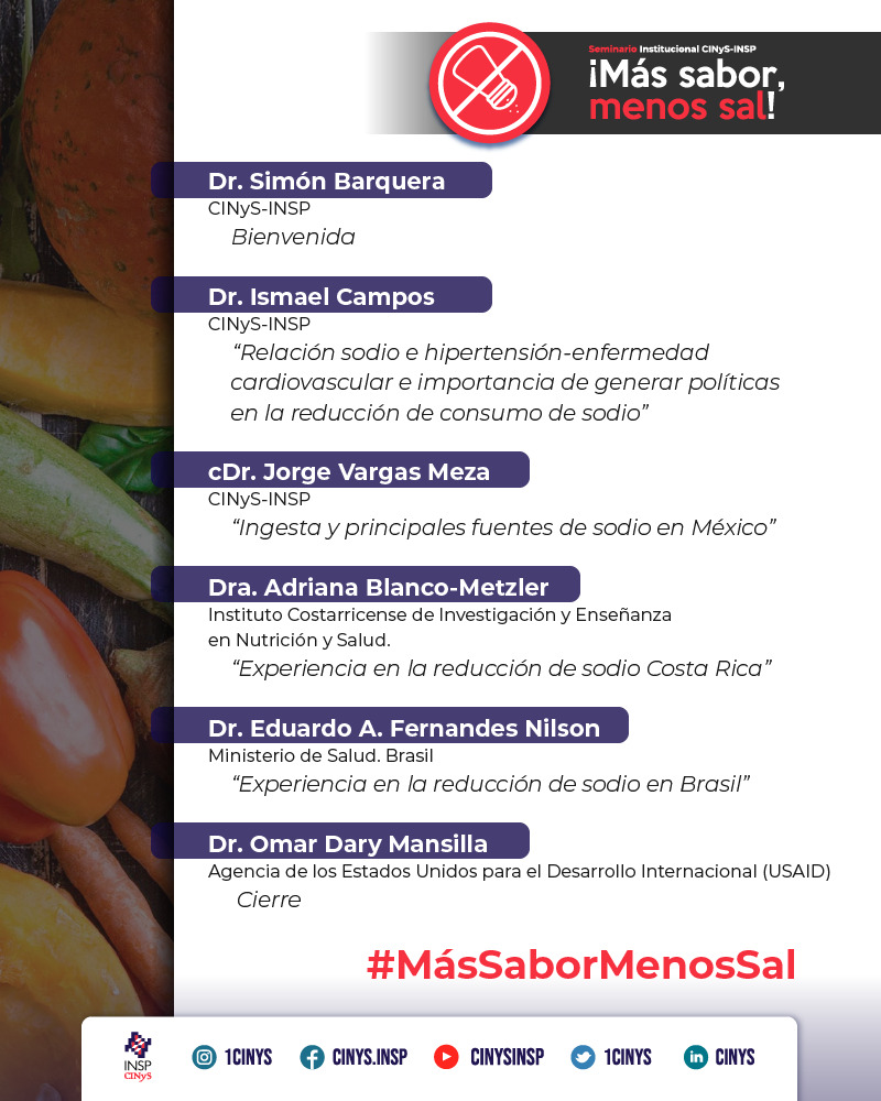1CINyS's tweet photo. ¡APARTA LA FECHA!
Seminario institucional @1CINyS-@inspmx #MásSaborMenosSal
Conoce las principales fuentes dietéticas de #sal en México, Costa Rica y Brasil y los efectos de su consumo en exceso
📆12/03
🕓4pm
📲#FacebookLive CINyS.INSP https://t.co/EkResqoB44
