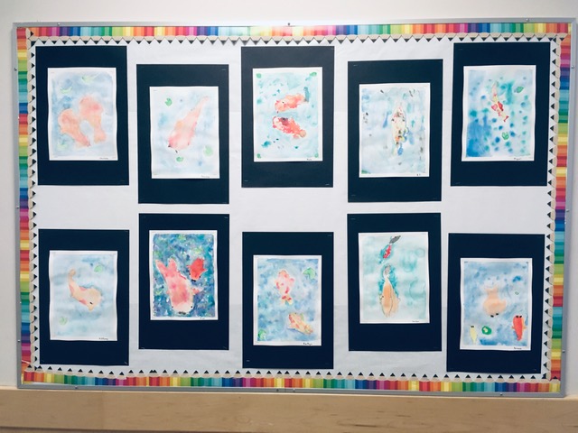Here are our beautiful Koi Fish! We've been exploring wet on wet techniques with water colour. Spring has sprung!