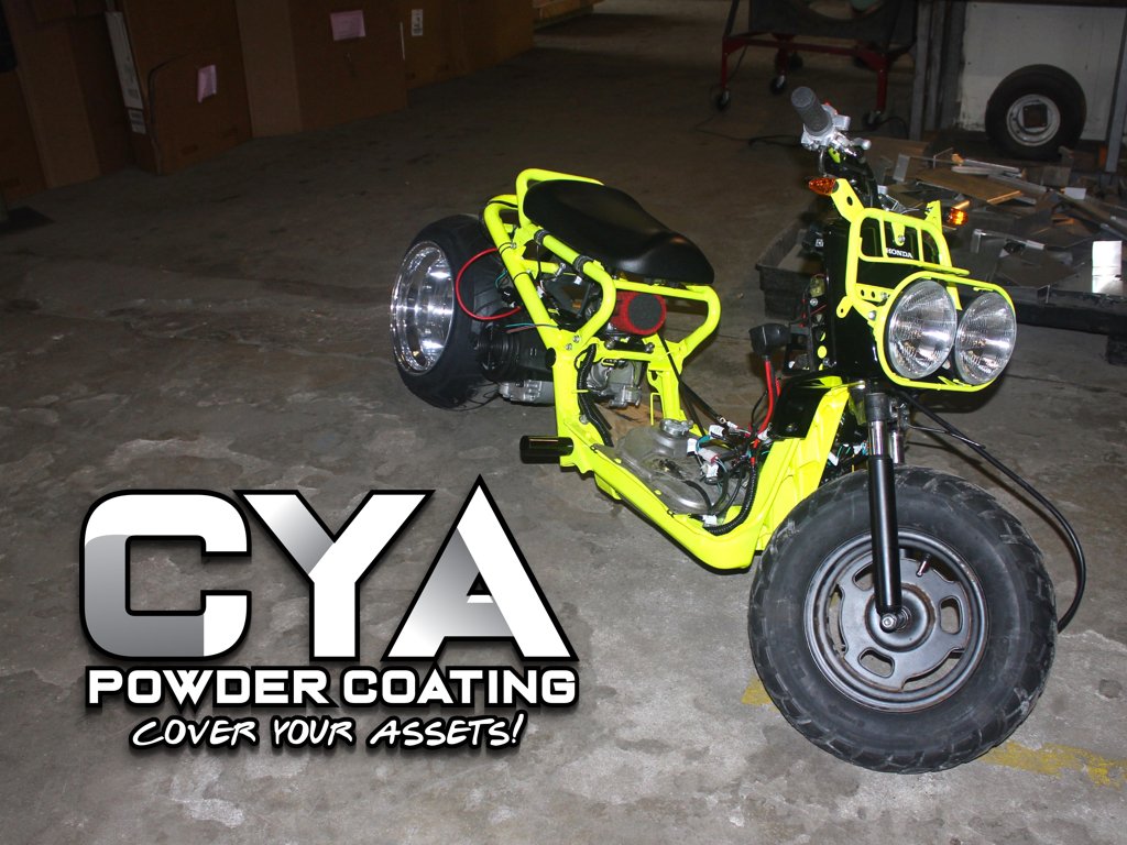 Bring the Ruccus! We loved this lil mini moto project. Neon Yellar! #Powdercoating