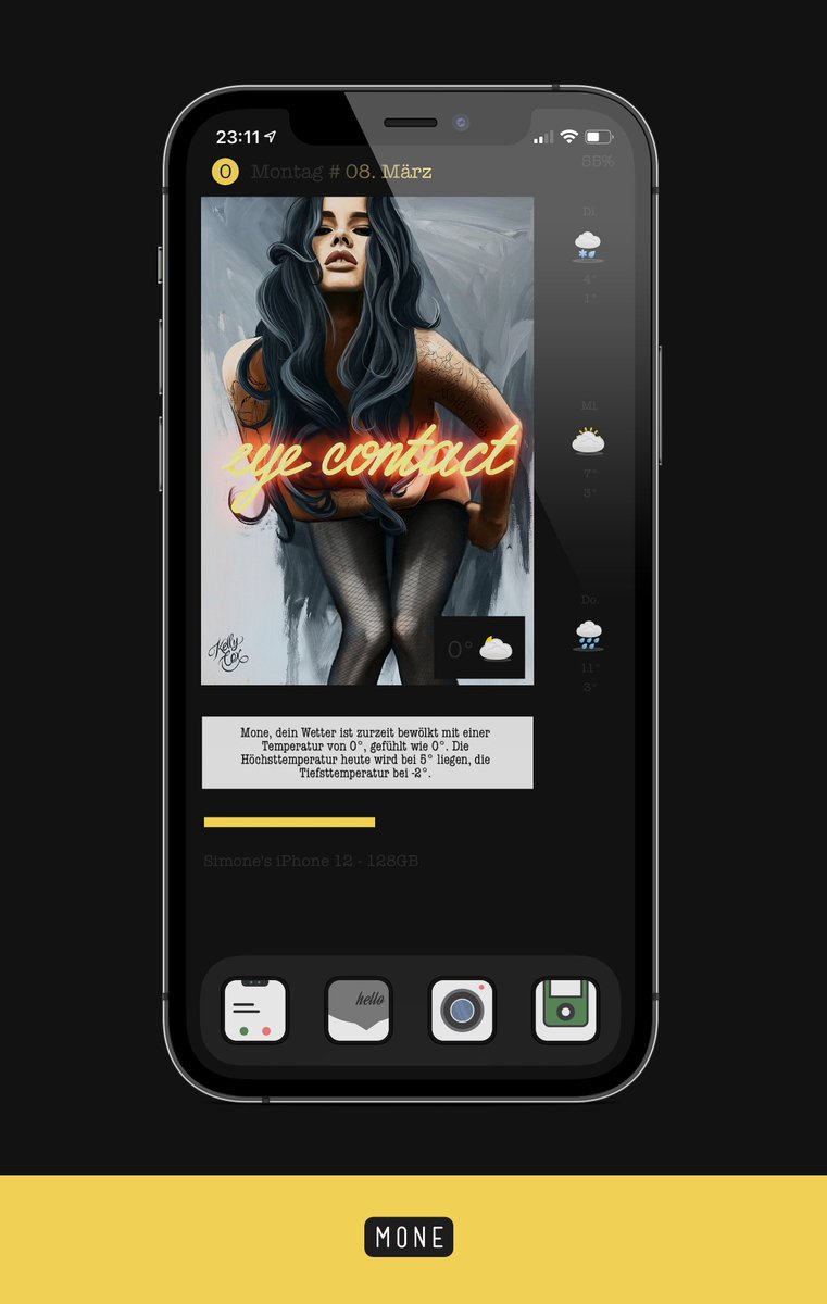 kleinmone's tweet image. My &apos;look&apos; this evening 😁🖤💛

Weather Lite V3.1 by @thewaytozion 

Template by @screenshot_pro 

Inspired by @droidbeauty 

#iOS145Beta3 #nojailbreak #WeatherLiteV3 #shortcuts