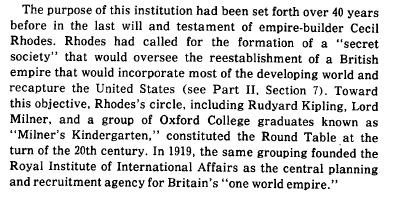 the book starts to pivot back to the British, looking at the Cecil Rhodes and the Round Table, and the RIIA's attempts to exert hard and soft power throughout the world