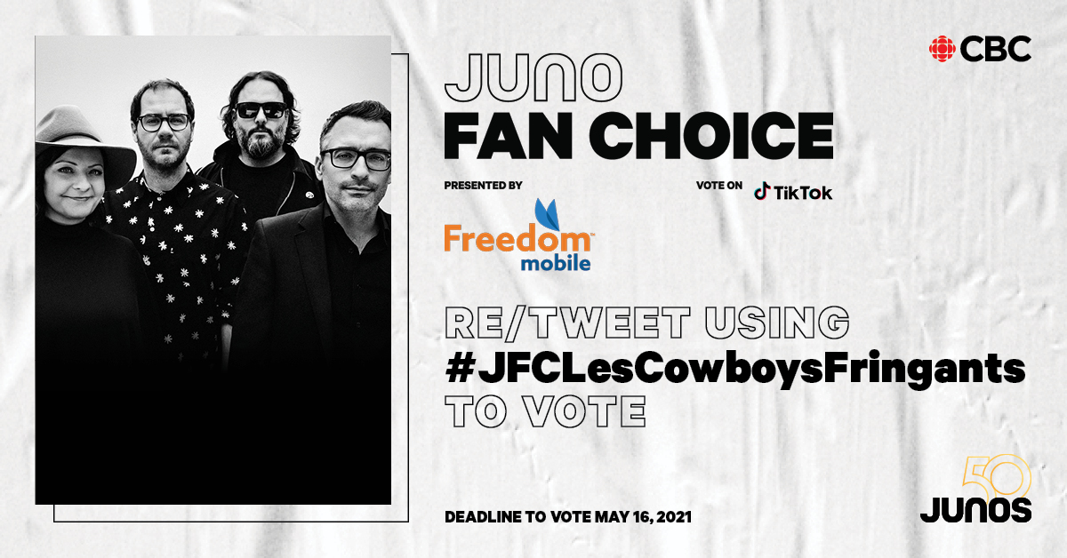 TheJUNOAwards's tweet image. Voting is now open! You can vote for @LesCFringants for #JUNOFanChoice Presented by @FreedomMobile
 
RT or use #JFCLesCowboysFringants to vote.