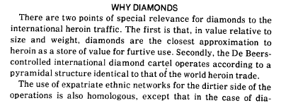 the book's argument is that Jews and the Chinese are both used as expatriate ethnic networks for organized crime. of course, both gold and diamonds were heavily controlled by Cecil Rhodes' company - De Beers