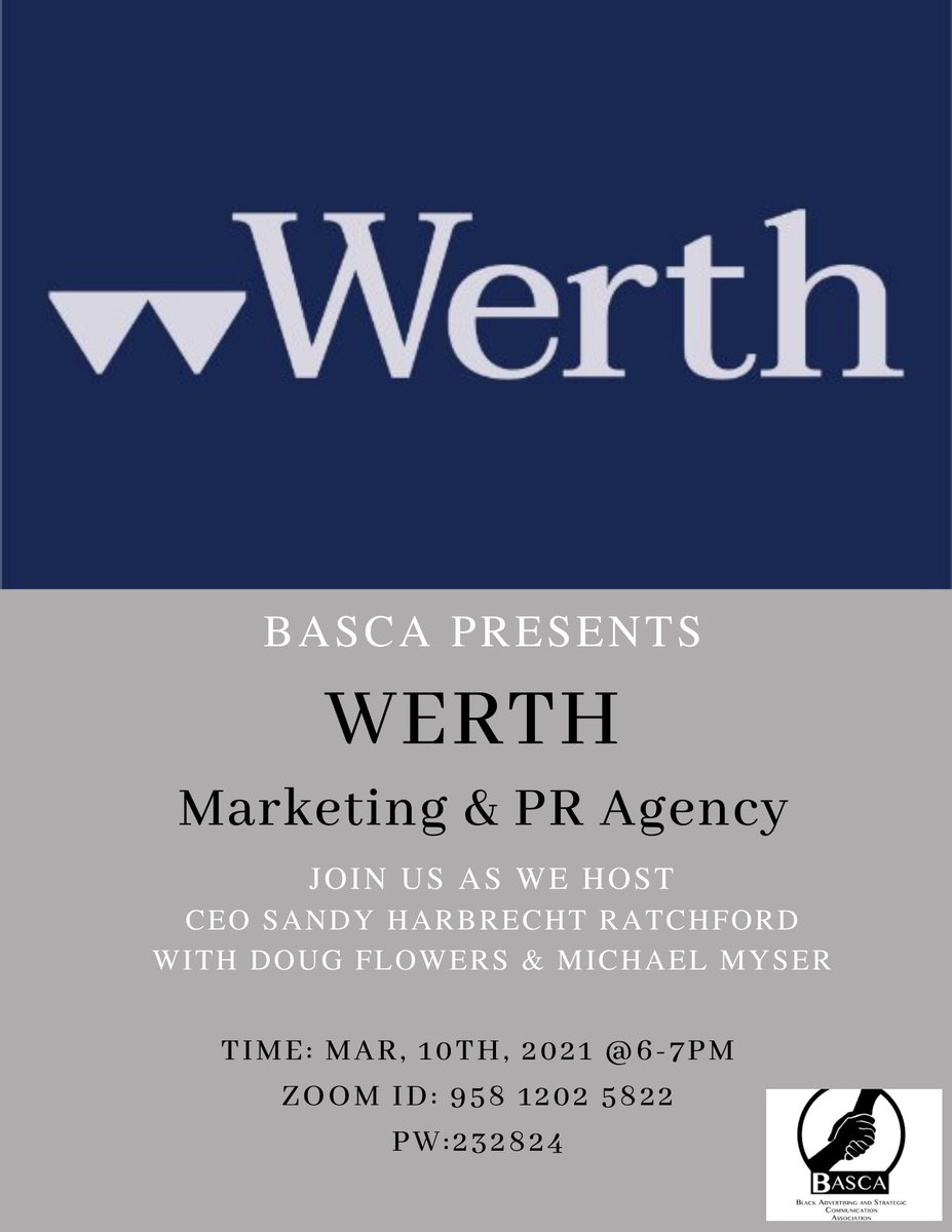 Calling all BASCA members! 📢

Please join us Wednesday as we host special guests from Paul Werth Associates! ☺️

Time: 6:00 PM
Zoom ID: 958 1202 5822
Password: 232824