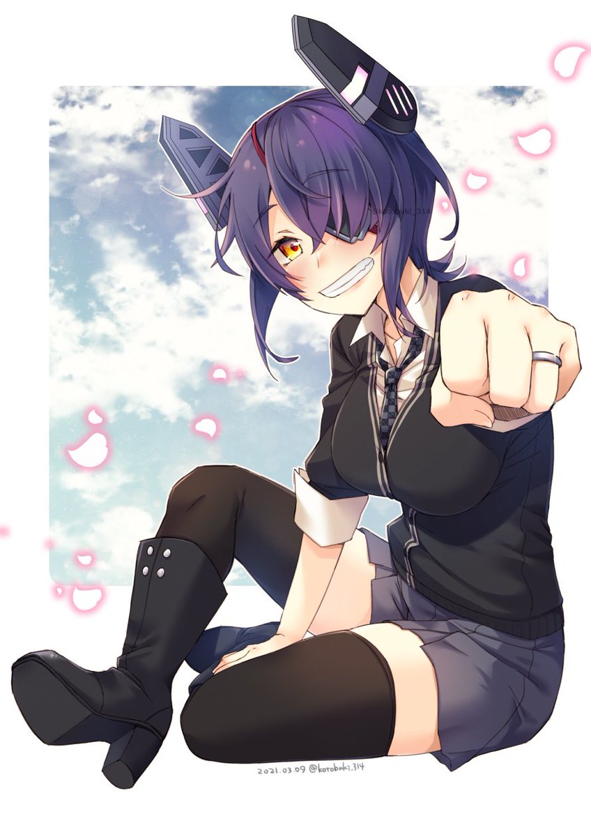 tenryuu (kancolle) 1girl solo eyepatch thighhighs ring purple hair wedding ring  illustration images