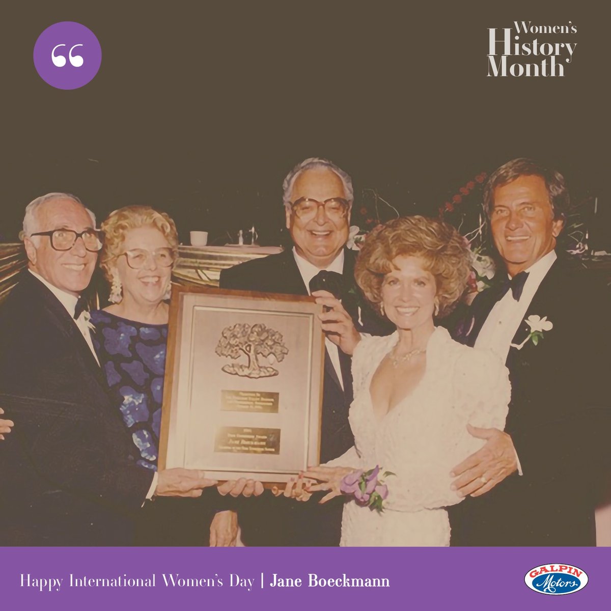On #InternationalWomensDay we'd like to honor our very own, Jane Boeckmann. Jane is known as a humanitarian, civic leader, astute businesswoman, a loving wife, mother, sister and grandma. To all of us at Galpin, she is our First Lady and we admire her servant leadership.