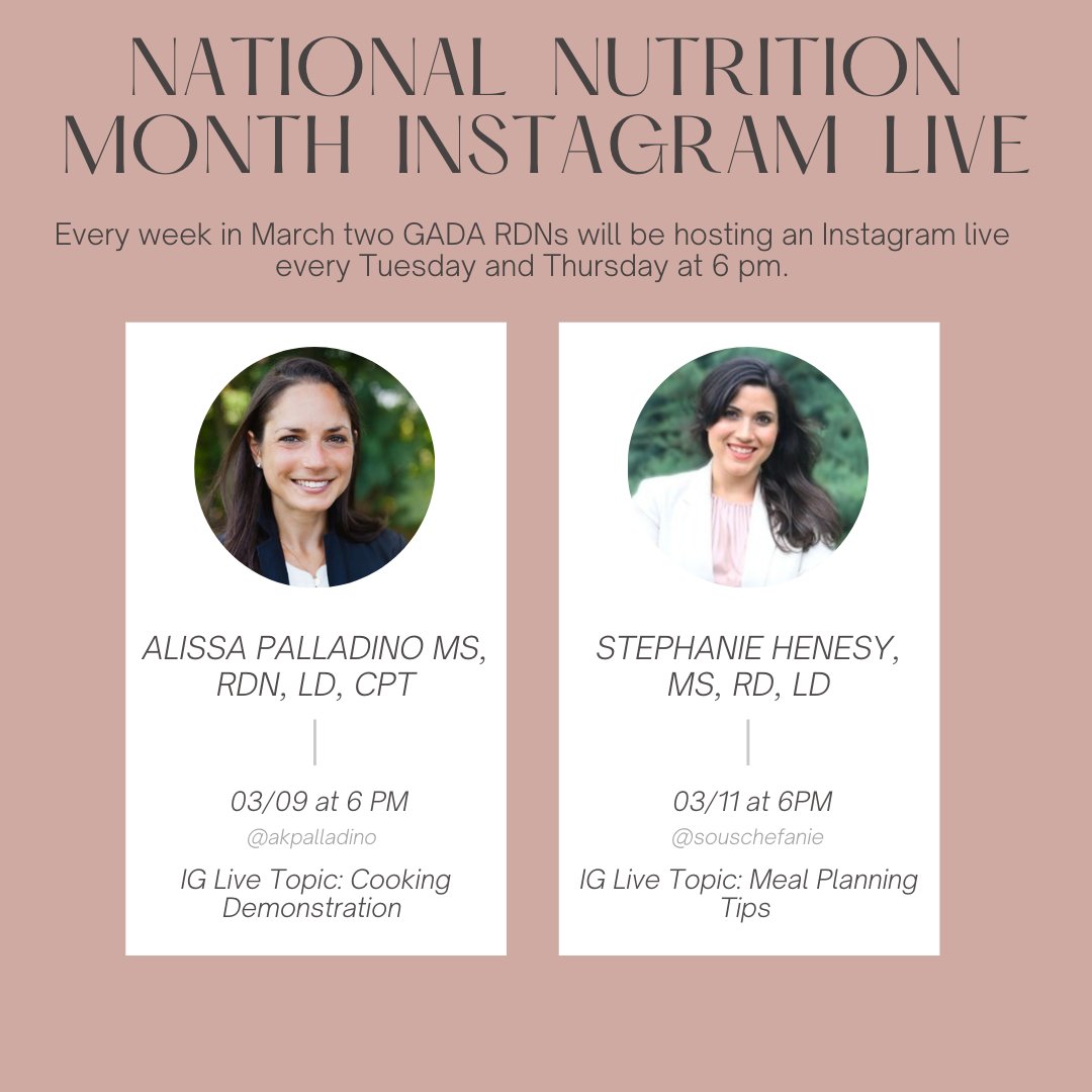 Join us for our second week of Instagram lives to celebrate National Nutrition Month! On Tuesday, Alissa will demo a quick recipe that lends itself to meal planning. On Thursday, Stephanie will share her top meal planning and prep hacks and some to avoid!