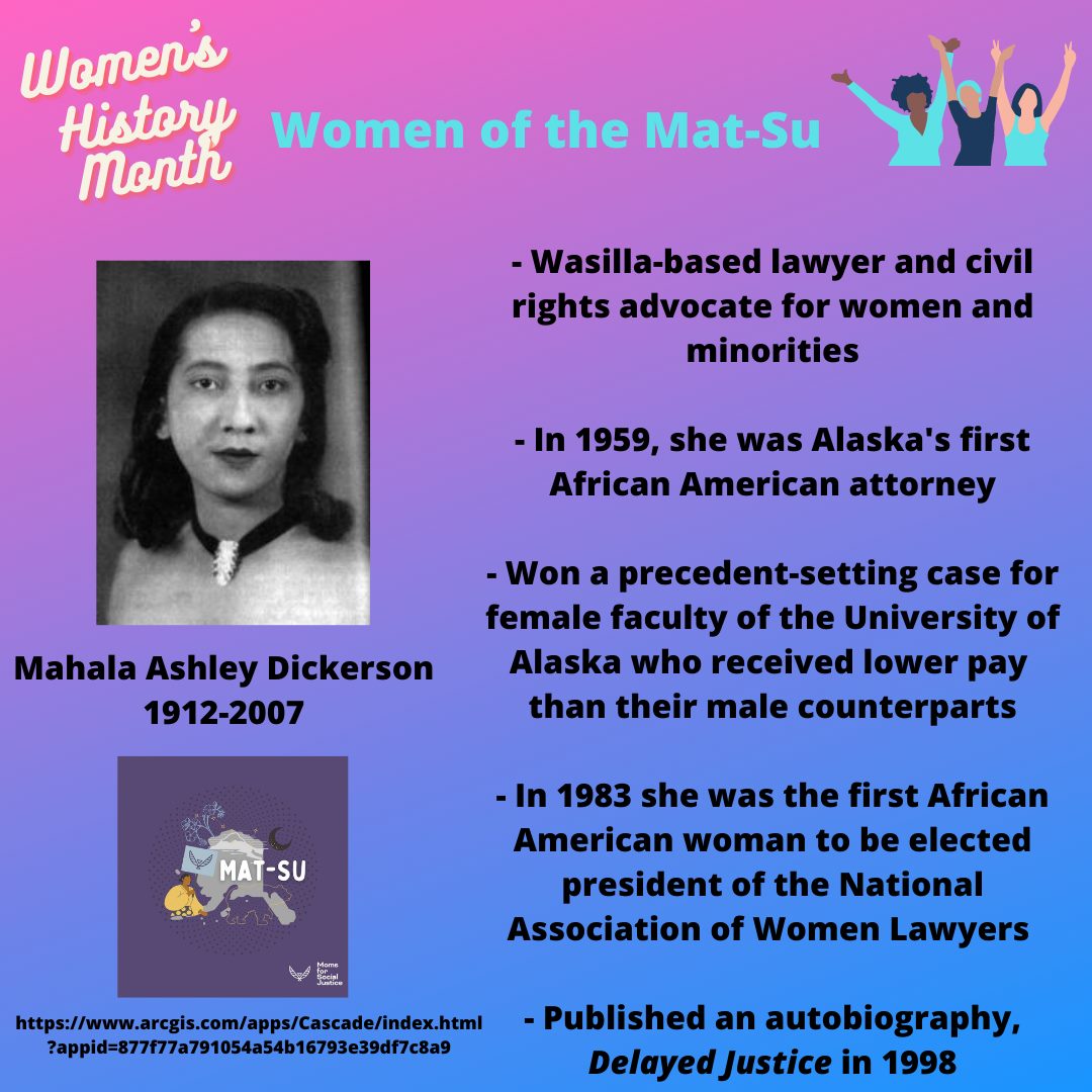 Happy International Women's Day! Until now, I had never heard of Mahala Ashley Dickerson, boundary-breaking black woman who lived and practiced law in Wasilla in the 1950s - talk about bravery! 

Learn more about her here:

arcgis.com/apps/Cascade/i…