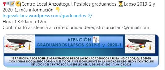 📢📢Centro Local Anzoátegui: 📢🧐PRÓRROGA hasta el 16-03-2021. ( Se recibirán las solicitudes de conferimiento de título, con sus respectivos soportes). logevalclanz.wordpress.com/graduandos-2/