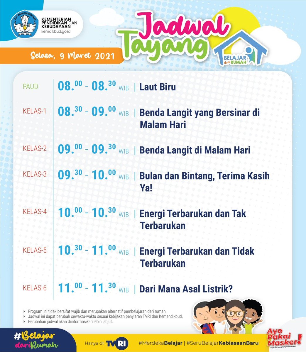 Selamat pagi, #SahabatDikbud. Tetap semangat dan jaga kesehatan, ya! Yuk, simak jadwal acara #BelajardariRumah di @tvrinasional untuk hari Selasa, 9 Maret 2021! 

#MerdekaBelajar
#BersamaHadapiKorona
#IndonesiaPulih