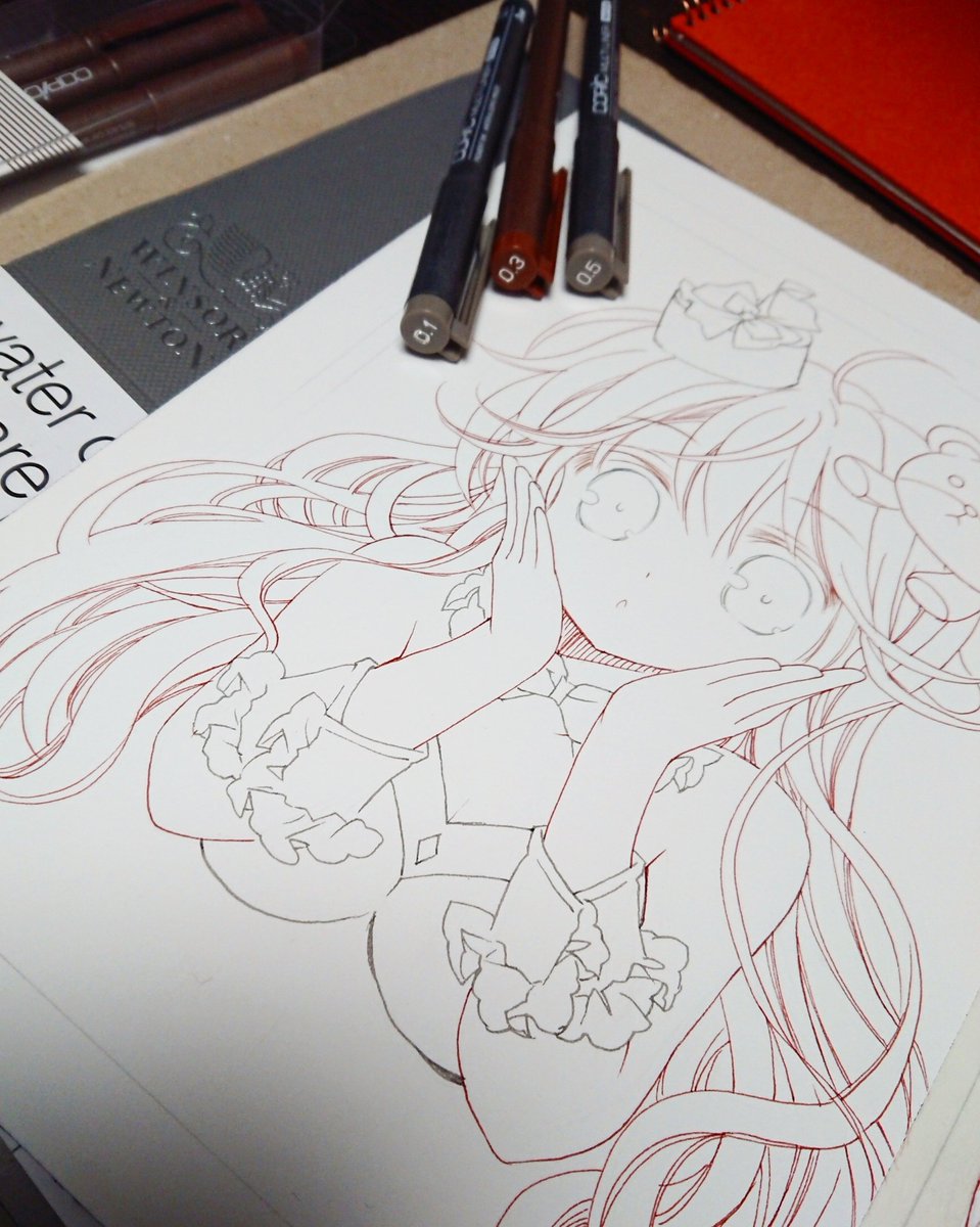 おはようございます☀
昨夜ペン入れしたBOOTHお礼絵🌟
今日塗って、明日～明後日発送予定です
#TH作業過程 